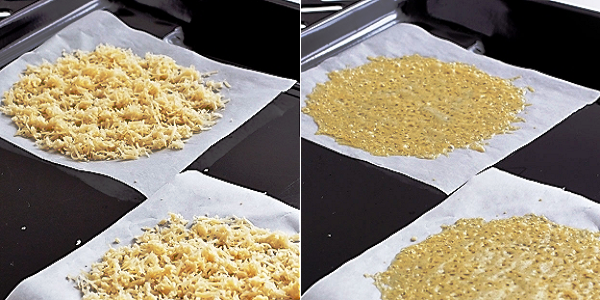 Натрем твердый сыр, выложим на квадраты пергамента и прогреем до расплавления.