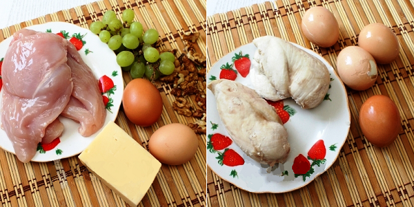 Курицу опускаем в подсоленный кипяток на 25-30 минут, а яйца – на 10-12.